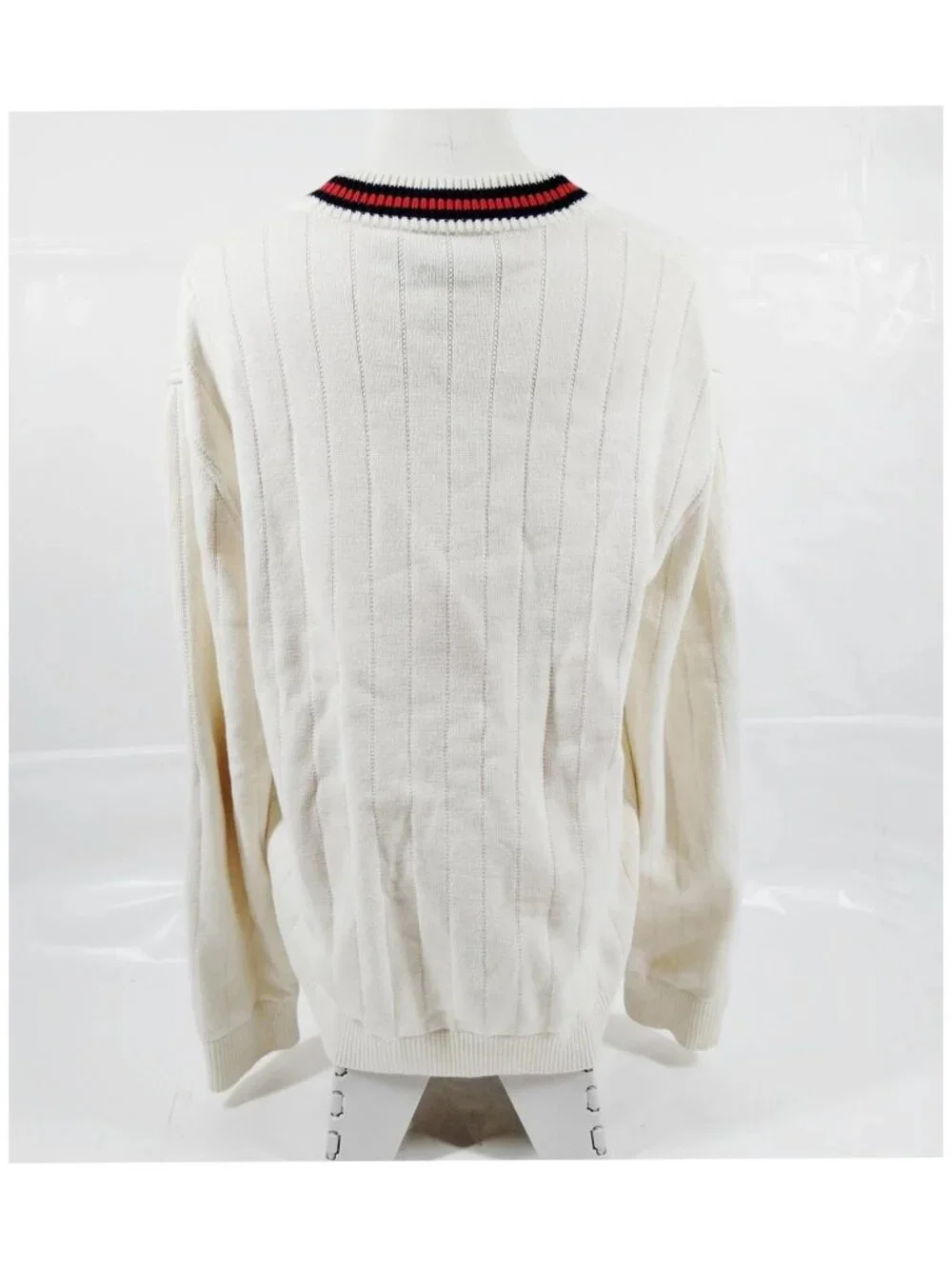 Gucci Web Stripe V-Neck Cardigan Ivory Red Navy Gold Button Luxury Sweater